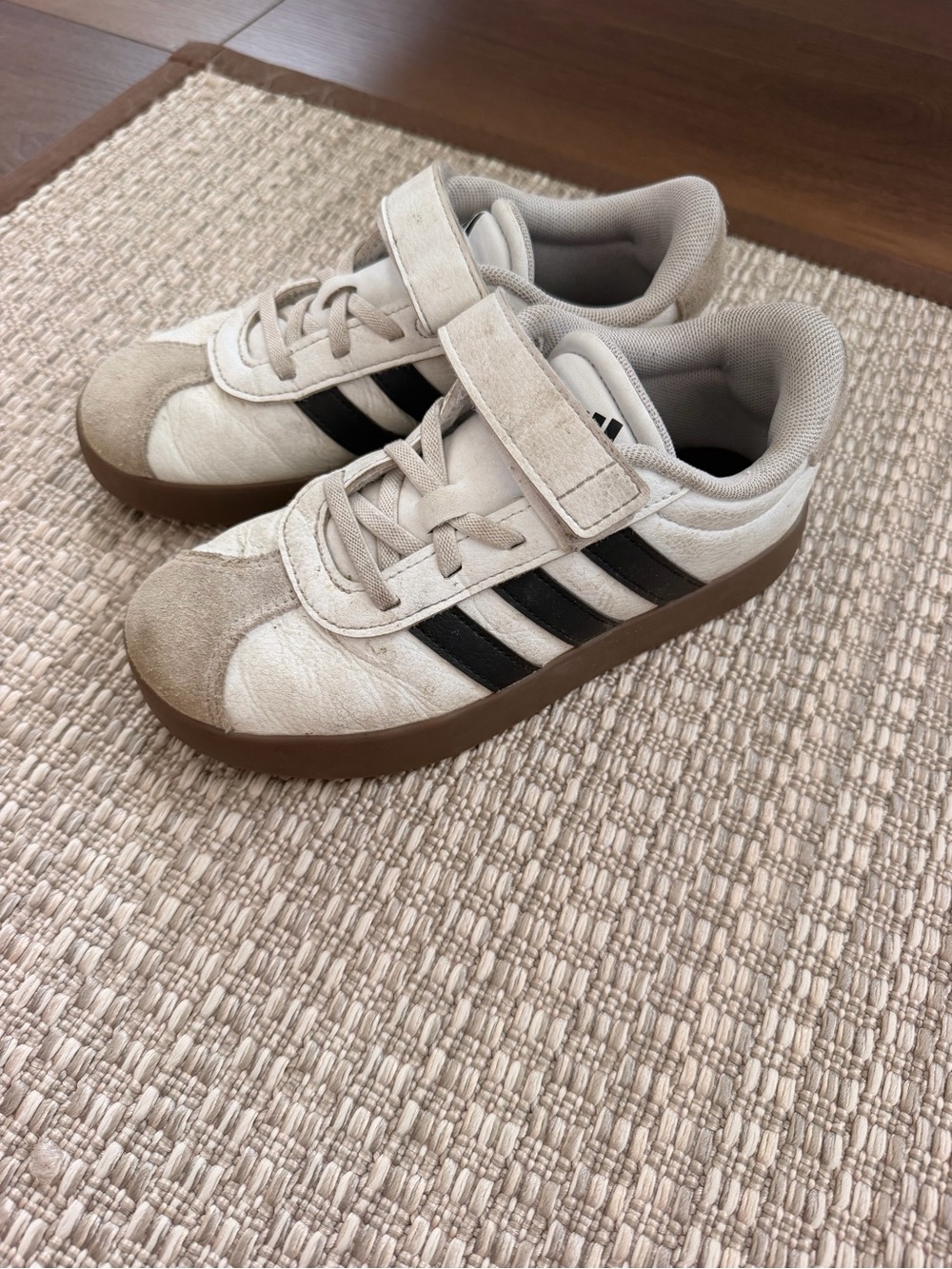 adidas Kids Cream Sneakers with Black Stripes and Brown Soles